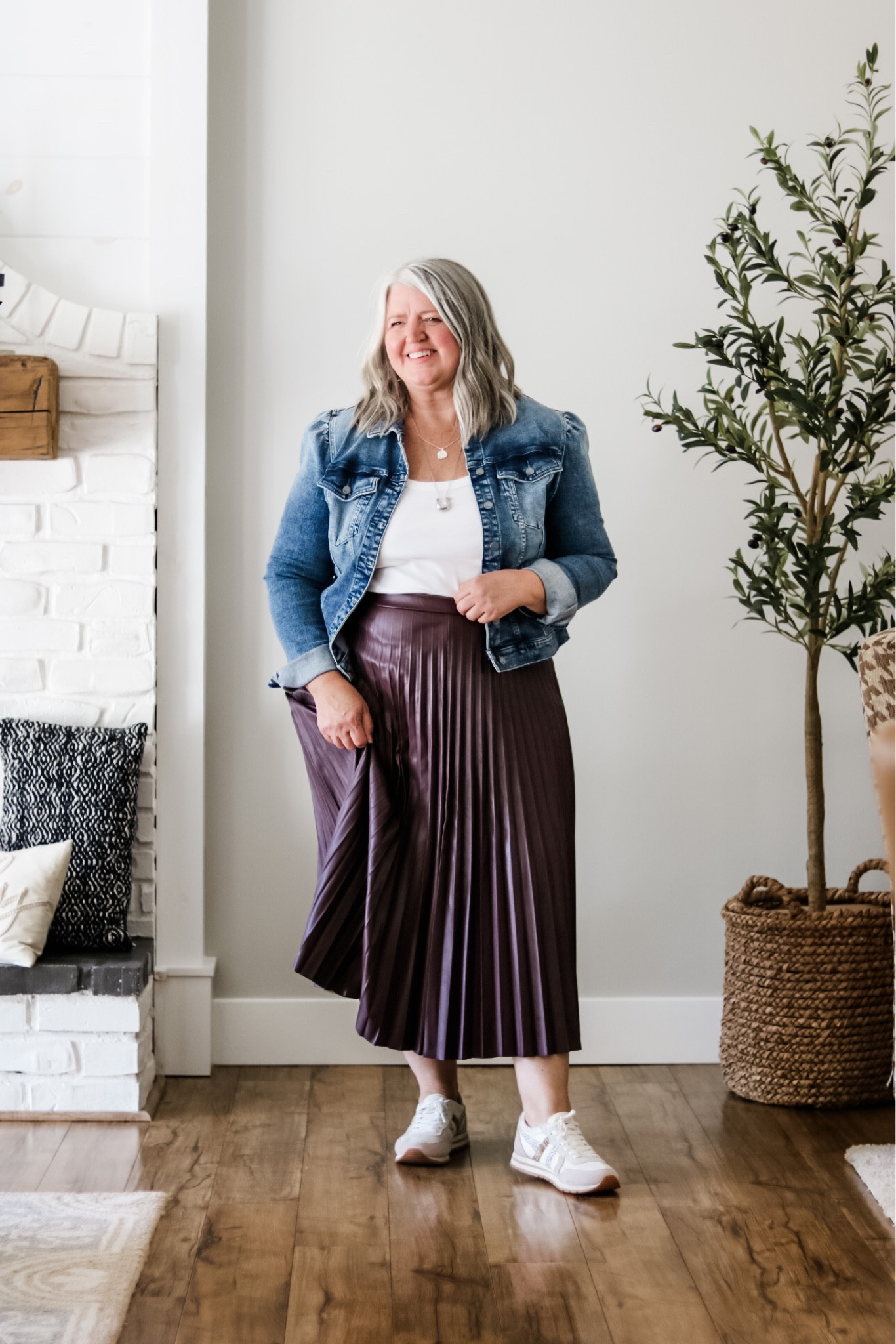 Faux leather pleated skirt with denim jacket and sneakers for a casual fall full figure  outfit. 

Skirt XL
Jacket XL

#LTKcurves #LTKSeasonal #LTKmidsize