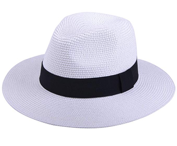 Lanzom Women Wide Brim Straw Panama Roll up Hat Fedora Beach Sun Hat UPF50+ | Amazon (US)