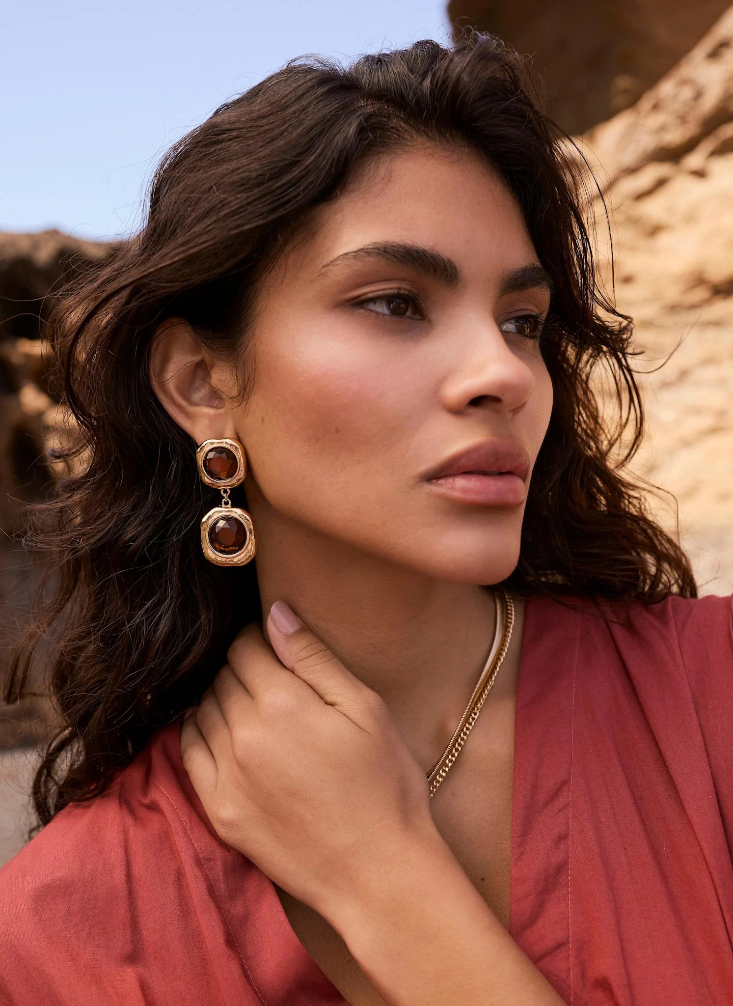 Gold Tone Brown Resin Drop Earrings | Mint Velvet