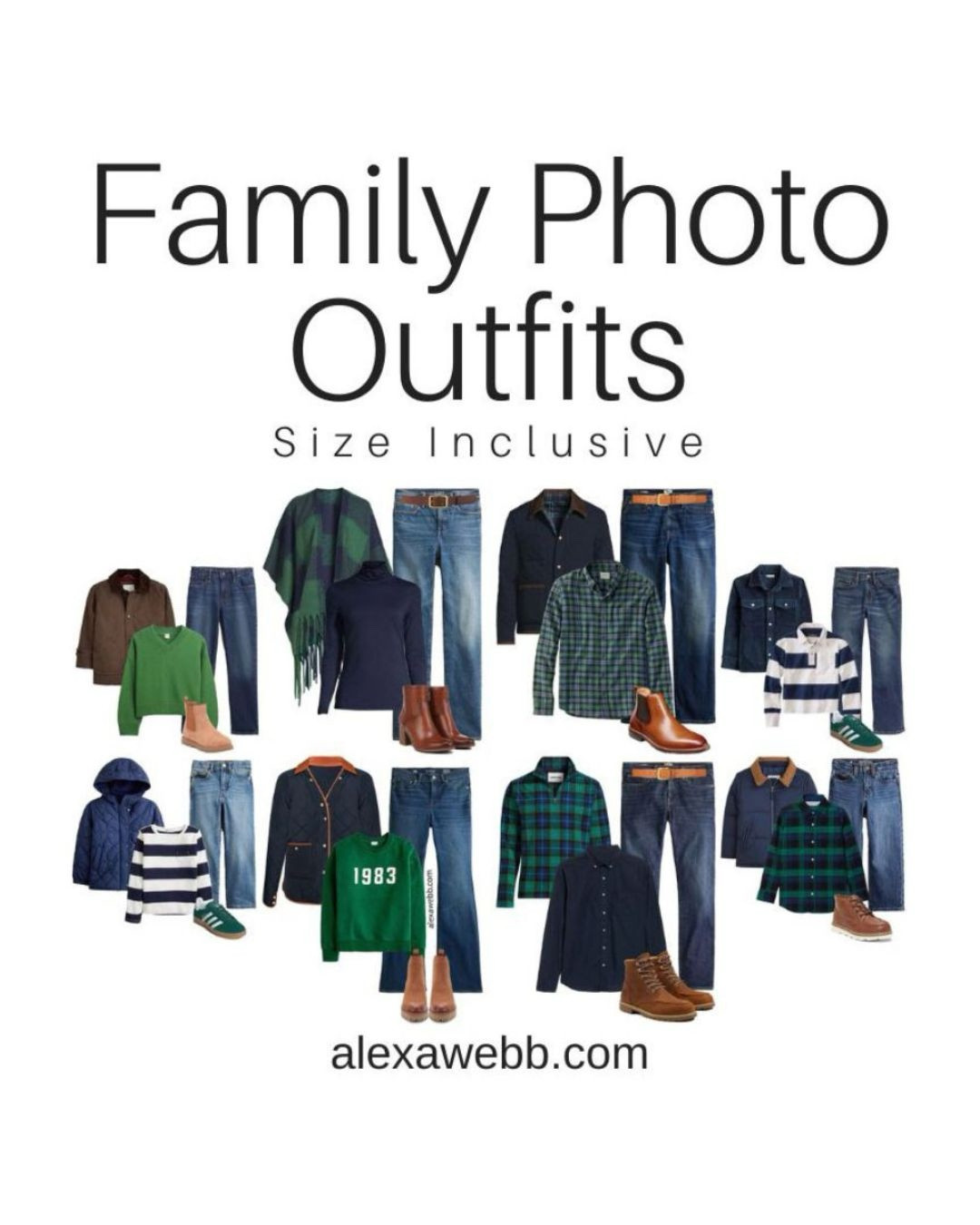 2025 Fall Family Photoshoot Outfits - Size inclusive and plus size outfit ideas for fall family photos. Coordinated outfit ideas in navy and green with denim. Alexa Webb #plussize

#LTKPlusSize #LTKSeasonal #LTKFamily
