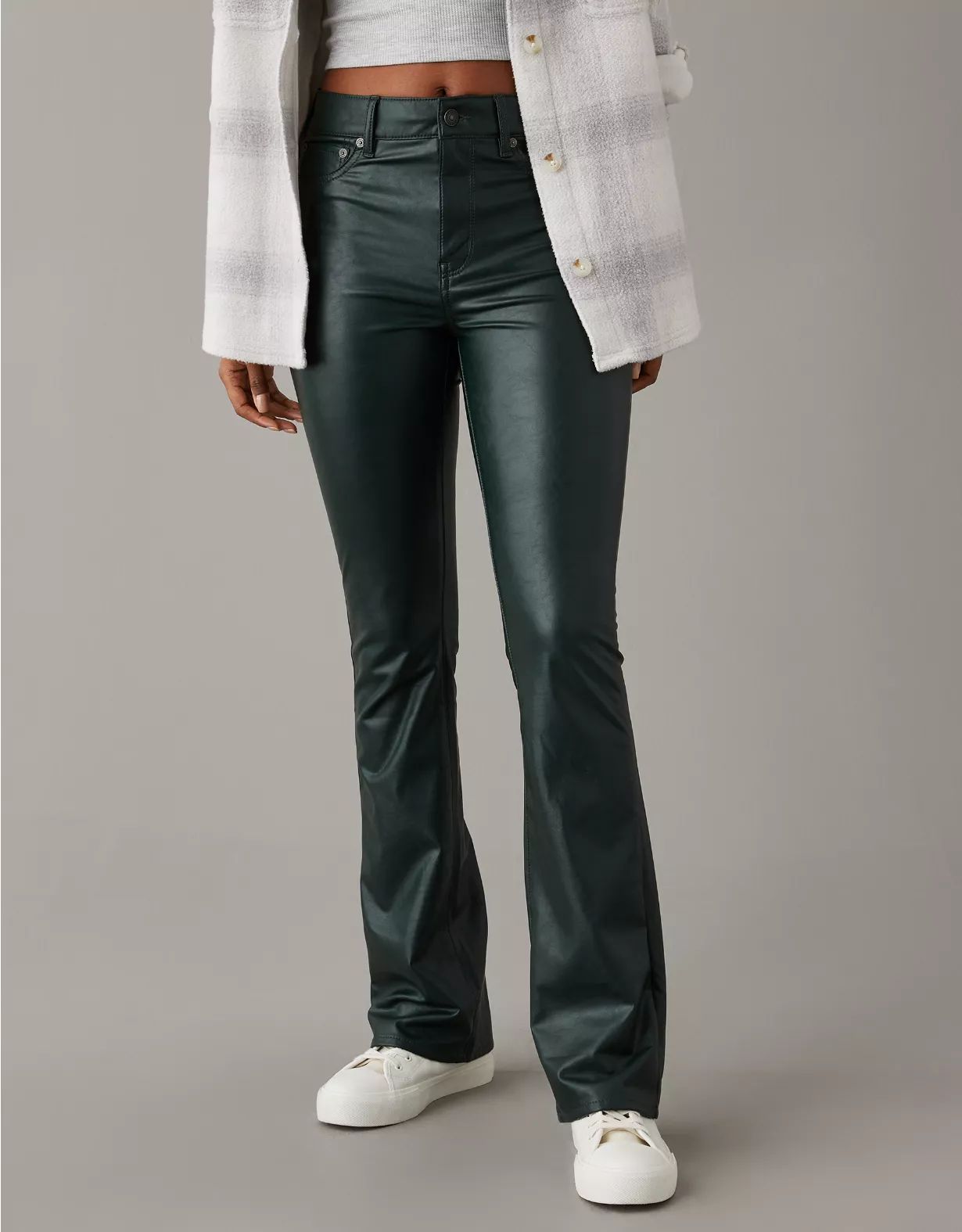 AE Stretch Vegan Leather Super High-Waisted Kick Boot Pant | American Eagle Outfitters (US & CA)