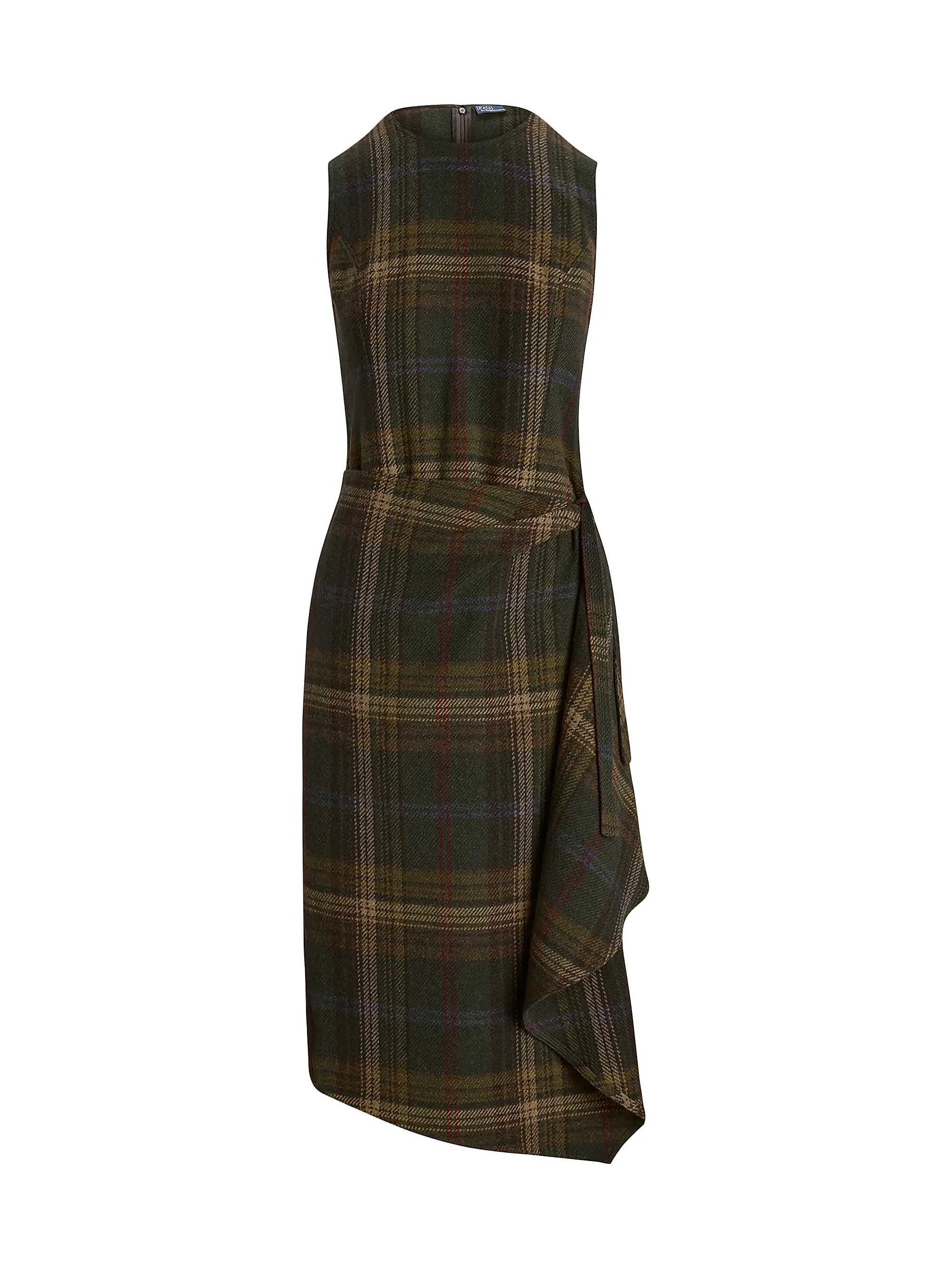 Check Wool-Blend Sleeveless Faux Wrap Midi Dress | Saks Fifth Avenue