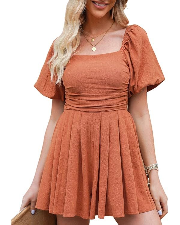 AlvaQ Women's Rompers Cute Puff Sleeve Elastic Summer Square Neck Casual Spring Mini Short Romper... | Amazon (US)