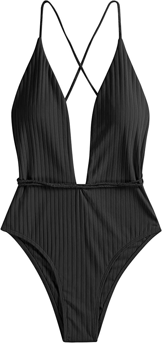 ZAFUL Women’s Ribbed One Piece Swimsuit Deep V Neck Bathing Suit Crisscross Back Self Tie Monok... | Amazon (US)