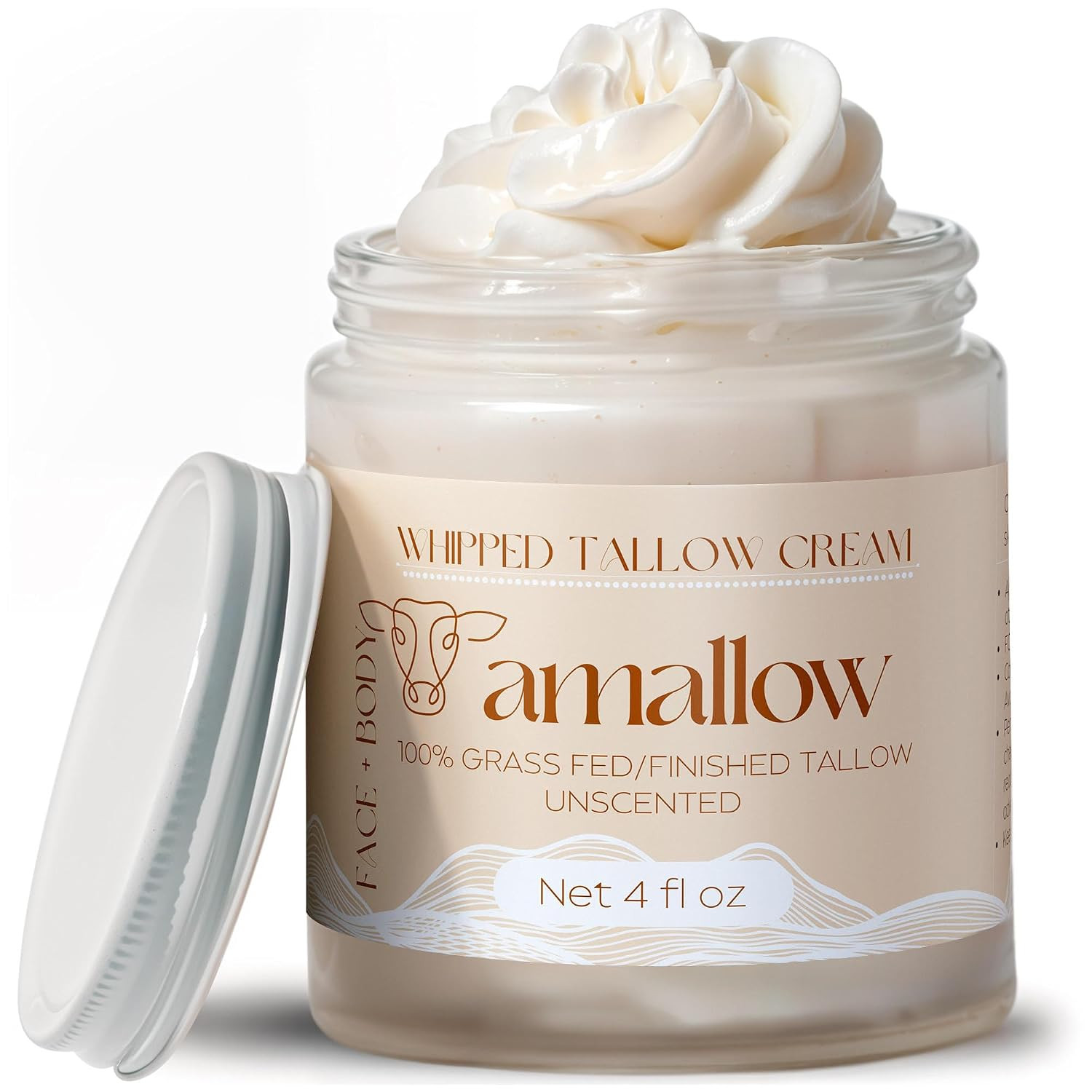 Amallow 100% Grass Fed Beef Tallow for Skin Care - Face + Body - Whipped Moisturizer for Sensitive Skin - Natural Lotion, 4 FL. oz. (Unscented) | Amazon (US)