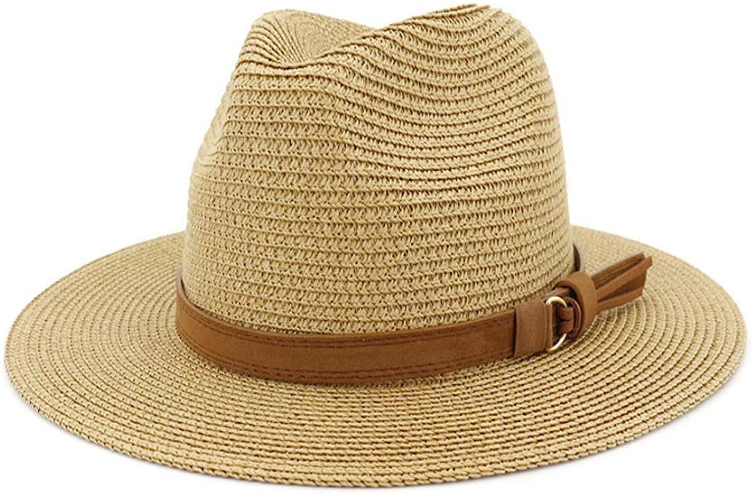 HUDANHUWEI Man and Woman's Wide Brim Straw Panama Hat Fedora Beach Sun Hat with Band | Amazon (US)