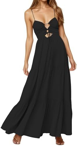 Womens Summer Floral Spaghetti Strap Backless Low Cut Smocked Milkmaid Flowy Beach Sundresses | Amazon (US)