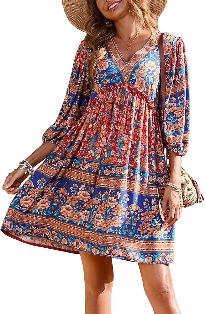 BTFBM Women Casual Spring Summer Dresses V Neck 3/4 Long Sleeve Ruffle Floral Flowy Boho Babydoll... | Amazon (US)