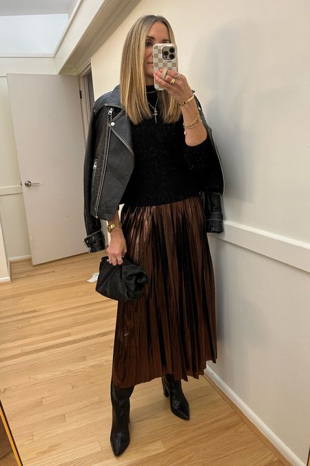 Fall event outfit! En saison pleated metallic skirt, Schutz boots, 525 black sweater, topshop moto jacket 

#LTKfindsunder50 #LTKover40 #LTKstyletip