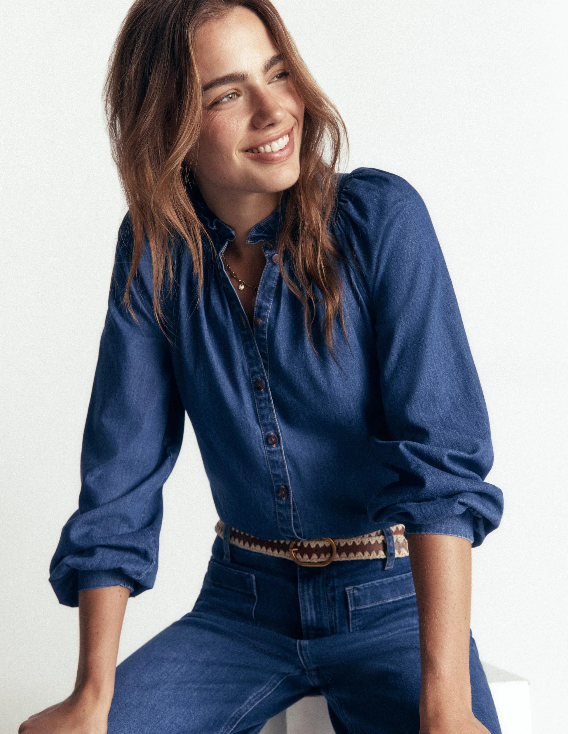 Erica Denim Frill Top-Mid Vintage | Boden (US)