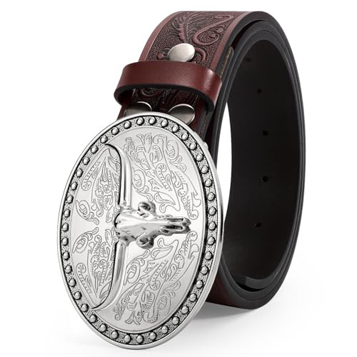 JASGOOD Western Belt Cowboy Belts for Men Women, Cowgirl Western Country Leather Belts Embossed Leather Belt for Jeans Pants(Coffee) | Amazon (US)