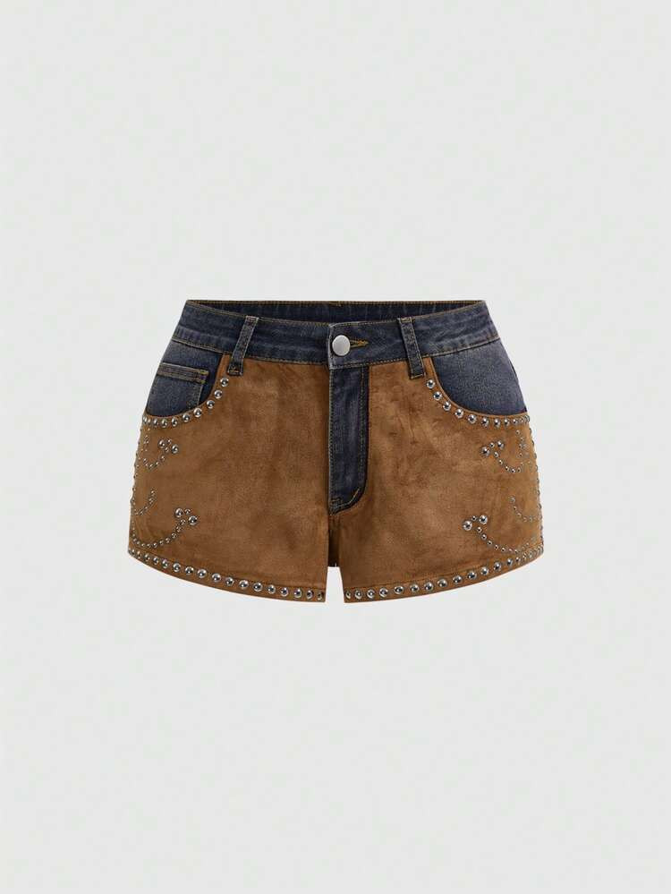 ROMWE Country Hippie Western Cowgirl Suede Patchwork Distressed Vintage Women's Low Waist Denim Skinny Shorts | SHEIN