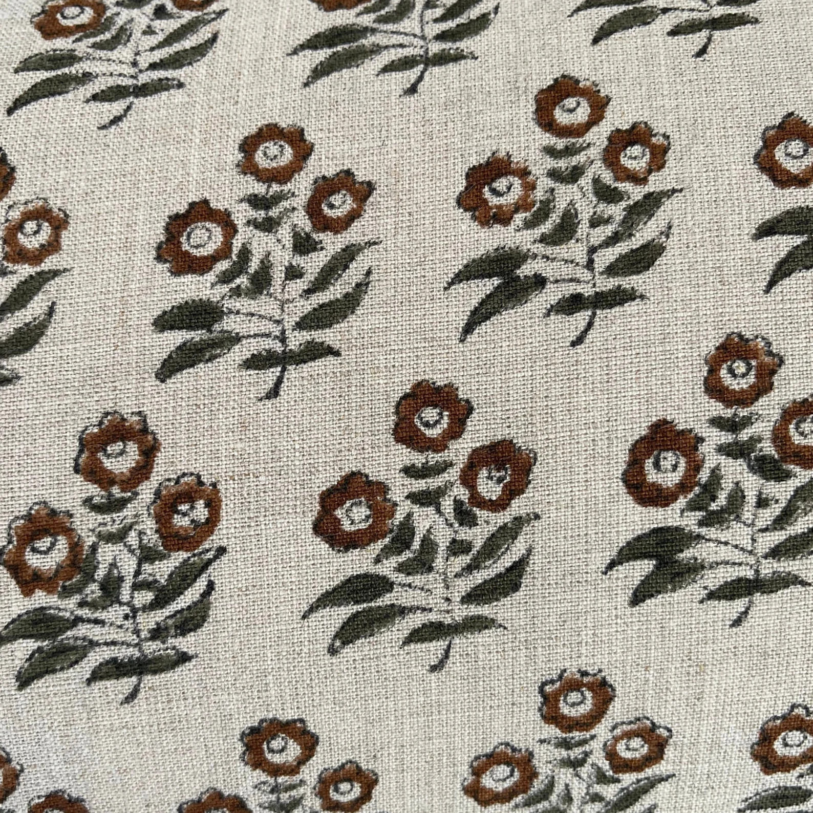 Block Print Linen Lumbar Pillow Cover, Green and Brown Color Floral Pillow Cover. - Etsy | Etsy (US)