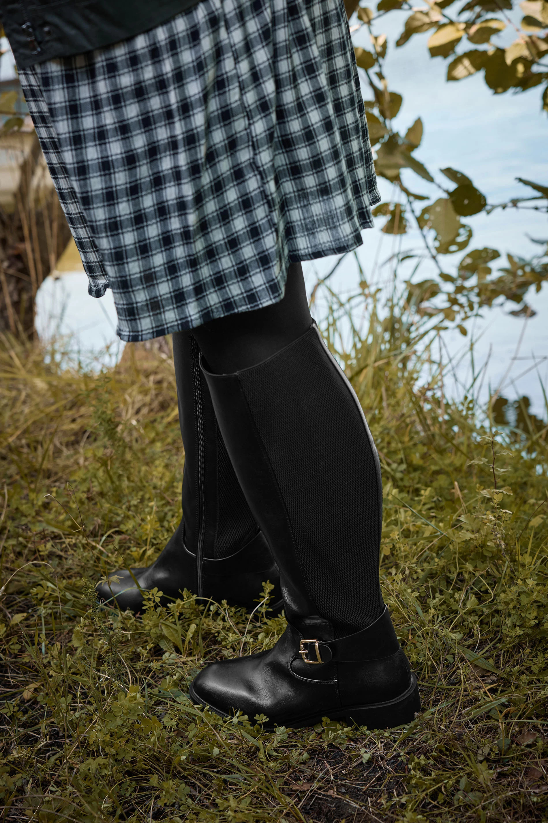 Black Buckle Stretch Knee High Boots In Extra Wide EEE Fit | Yours Clothing UK