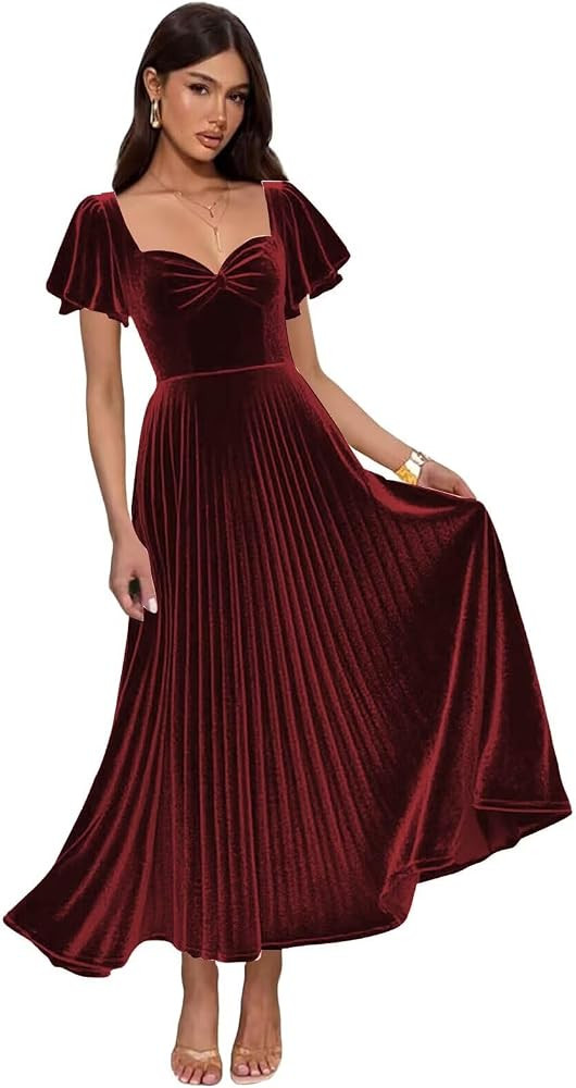 Flutter Sleeve Velvet Bridesmaid Dresses 2025 Pleated A Line Long Formal Evening Party Gowns | Amazon (US)
