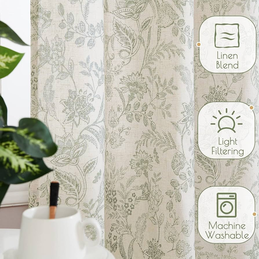 jinchan Floral Linen Blend Curtains for Living Room Green French Country Farmhouse 84 Inch Long Light Filtering Semi Sheer Kitchen Window Back Tab Curtains 2 Panels | Amazon (US)