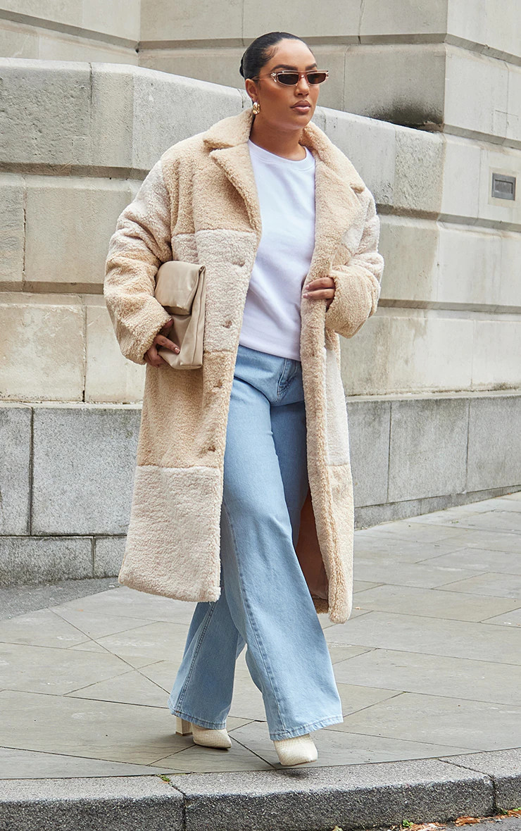 Plus Cream Checkerboard Button Front Borg Coat | PrettyLittleThing US