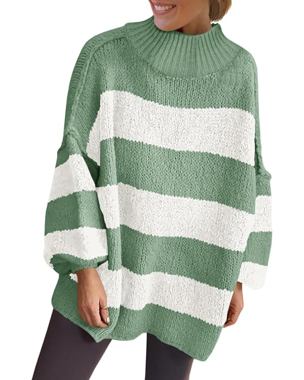 Saodimallsu Womens Oversized Striped Sweater Mock Neck Chunky Knit Lantern Long Sleeve Fall Trend... | Amazon (US)