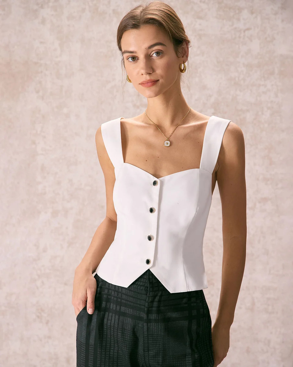 The White Sweetheart Neck Button Tank Top & Reviews - White - Tops | RIHOAS | rihoas.com