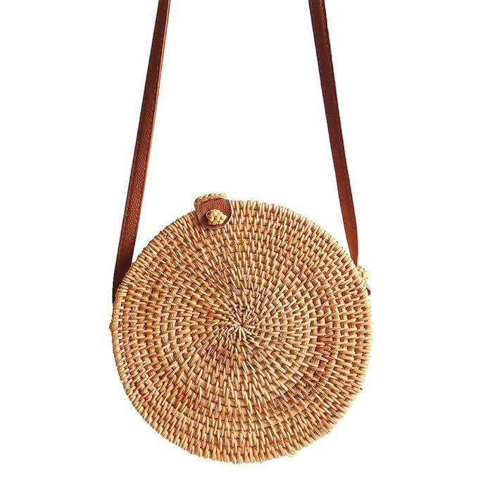 Womens Weave Circle Bags,Retro Handwoven Round Rattan Bags Straw Natural Chic Handbags Shoulder Bags | Amazon (US)