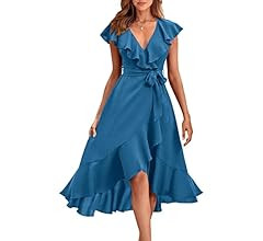 PRETTYGARDEN Women's 2023 Summer Wrap Maxi Dress Casual Boho Deep V Neck Short Sleeve Ruffle Hem ... | Amazon (US)