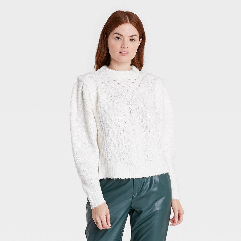 Women's Crewneck Boucle Cable Pullover Sweater - Prologue White XL | Target