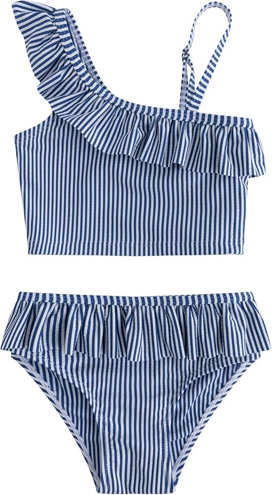 LIZENS Girls Two Piece Swimwear Ruffle Trim 2-12Years Flounce Striped Beach Bathing Suit | Amazon (US)