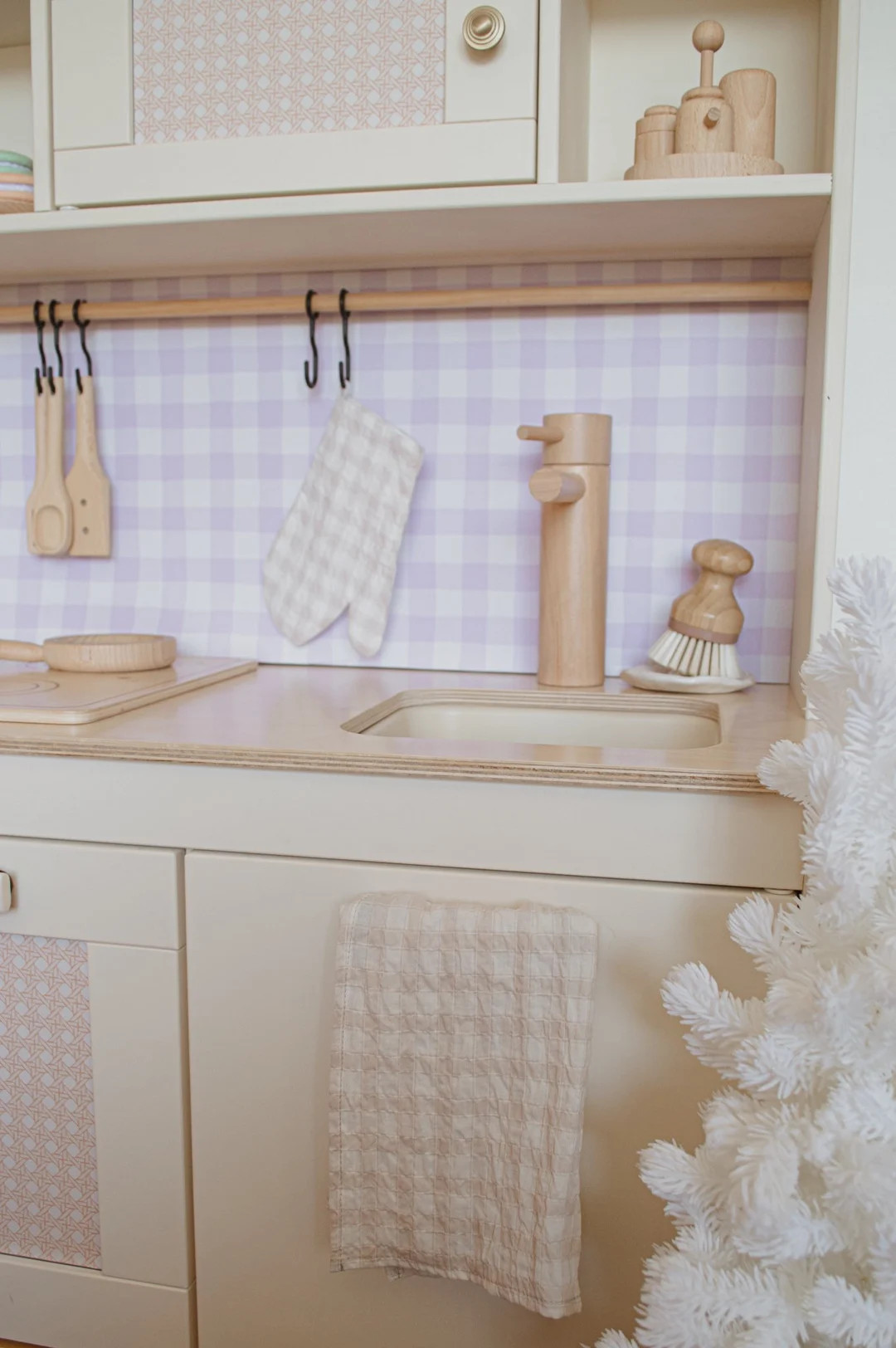 Oven Mitt & Tea Towel Set for Toddler Play Kitchen in Beige Check | Etsy (US)