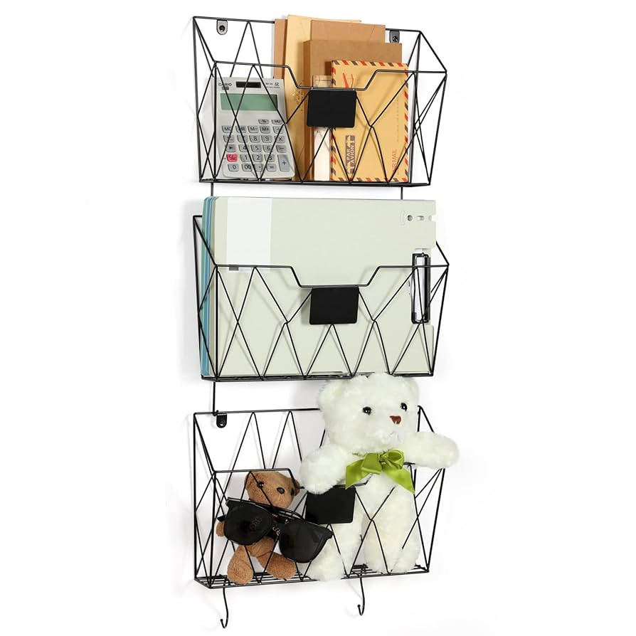 Hanging Wall File Holder Wall Mount Metal Wall File Organizer 3 Pockets Mail Organizer with Hooks... | Amazon (US)