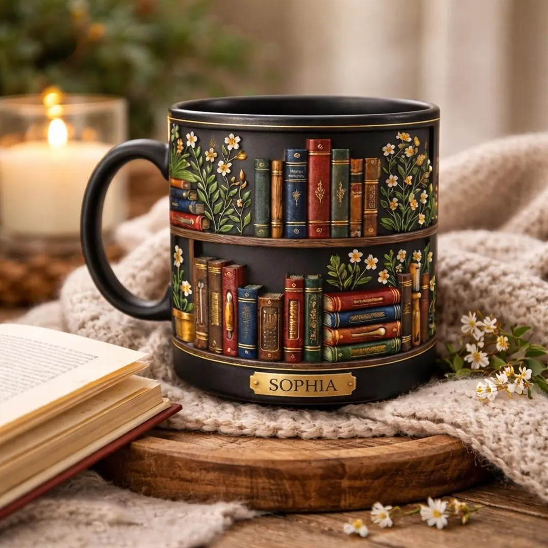 Personalized Book Lover Mug, Cozy Library Bookshelf Mug, Custom Name Coffee Cup, Literary Gift fo... | Etsy (Global)