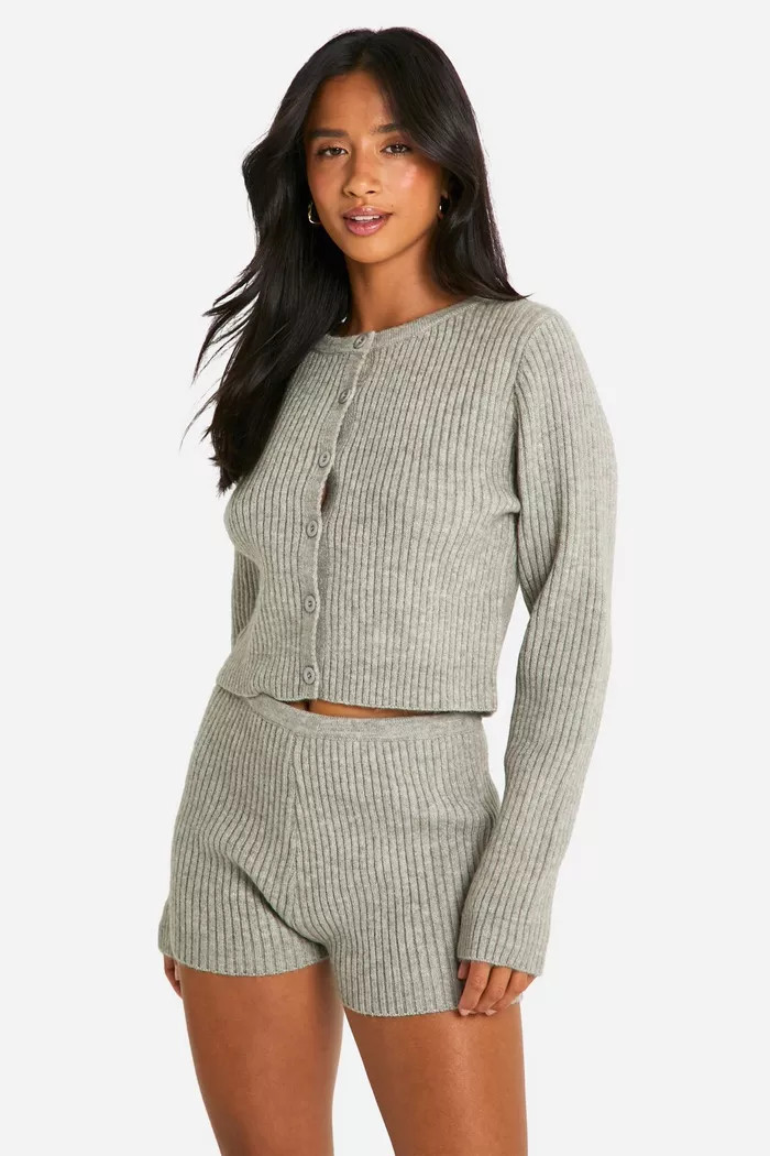 Petite Ribbed Cropped Cardigan And Micro Short Co Ord | boohoo (US & Canada)