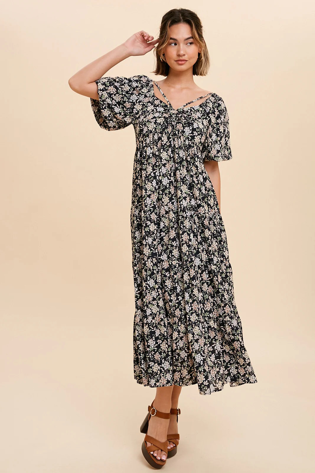 Beige Floral Ruched Strappy V-Neck Front Puff Short Sleeve Midi Dress | PinkBlush Maternity