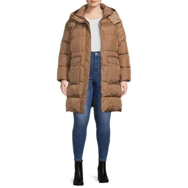 BCBG Paris Women's Plus Size Long Puffer Coat with Hood - Walmart.com | Walmart (US)