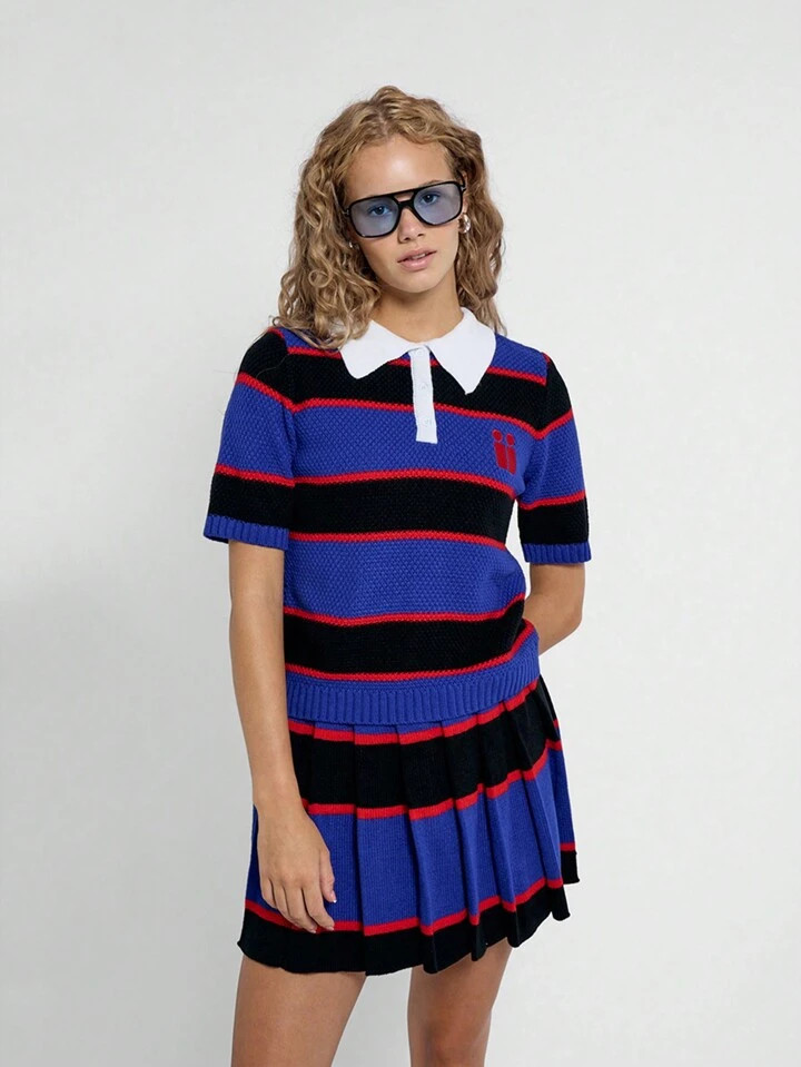 AiiRZ Knitted Striped Collared Short Sleeve Top With Flared Mini Skirt Co-Ord Set | SHEIN