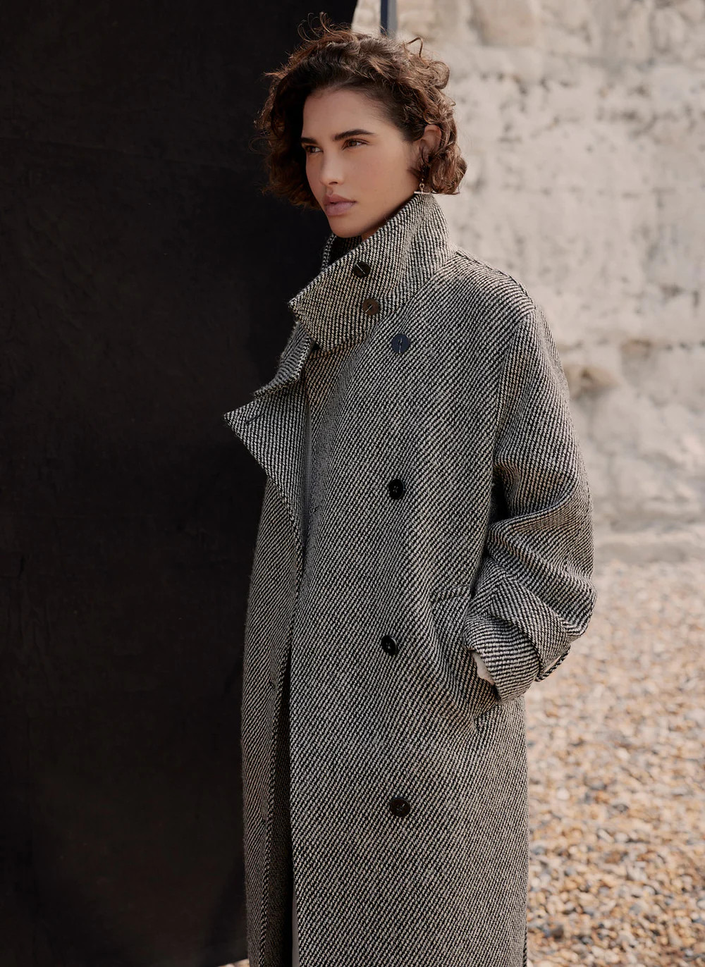 Black Textured Funnel Neck Coat | Mint Velvet