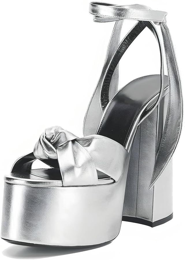 Metallic Lace Up Chunky Heel Platform Heels For Women Open Toe Slingback Ankle Strap Heeled Sanda... | Amazon (US)