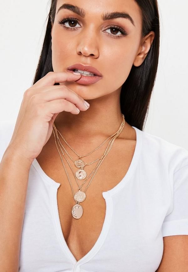 Gold Look Short 4 Row Coin Necklace | Missguided (US & CA)