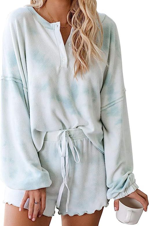 Womens Tie Dye Printed Ruffle Short Pajamas Set Long Sleeve Tops and Shors PJ Set Loungewear Nigh... | Amazon (US)