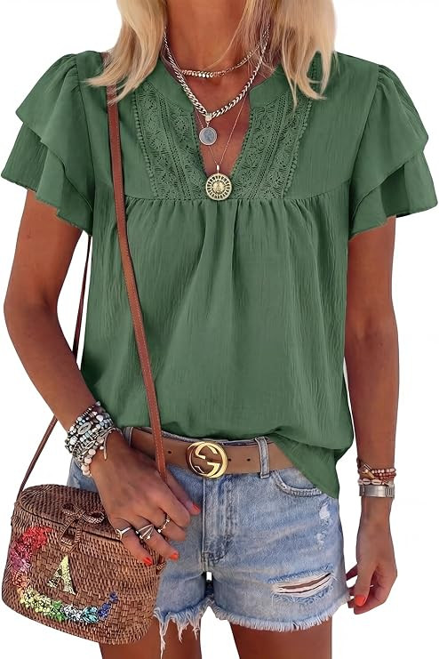 Womens Summer Tops Dressy Casual Ruffle Short Sleeve V Neck Shirts Business Work Blouses 2026 Tre... | Amazon (US)
