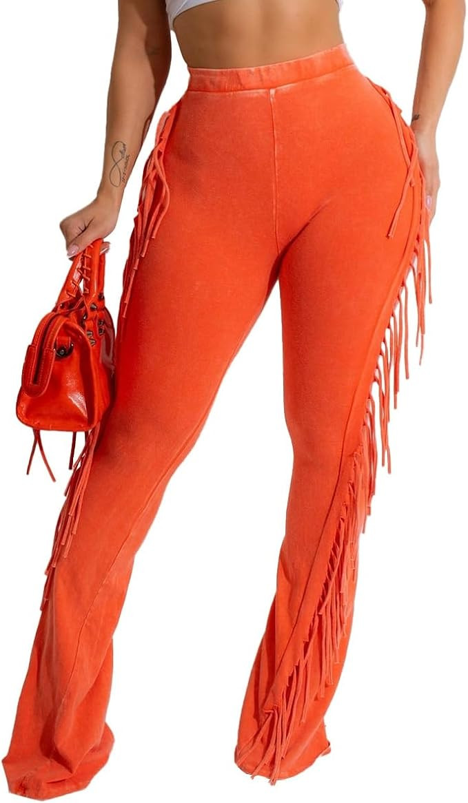 Women's Casual Mid Waist Fringed Cotton Pants Elastic Waist Bodycon Pants Tassels Side Long Pants... | Amazon (US)