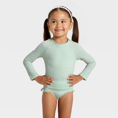 Toddler Girls' Long Sleeve Two Piece Ribbed Rash Guard Swimsuit Set - Cat & Jack™ Aqua 2T | Target