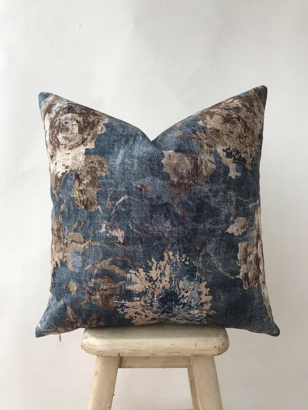 Navy Blue and Brown Floral Cotton Velvet Pillow Cover Teal - Etsy | Etsy (US)