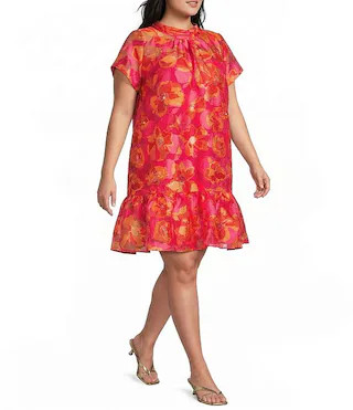 Sugarlips Plus Size Berny Floral Print Mock Neck Short Sleeve Organza Dress | Dillard's | Dillard's