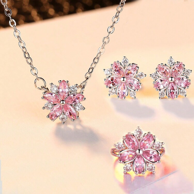 1set Glamorous Luxury Cubic Zirconia Sakura Flower Earrings Ring Pendant Necklace For Women Stainless Steel Jewelry Set Birthday Engagement Gift Valentines,Mom,Mother,Mother's Day,Gift | SHEIN
