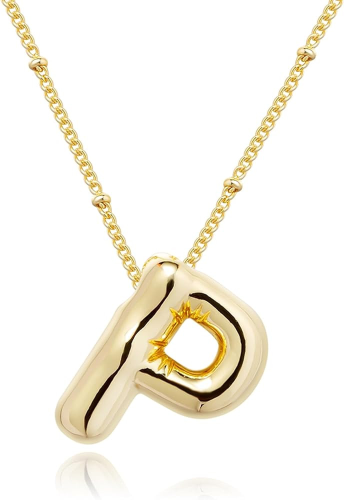 Gold Bubble Letter Necklace for Women, 14k Gold Plated Balloon Initial Letter Pendant Necklace Da... | Amazon (US)