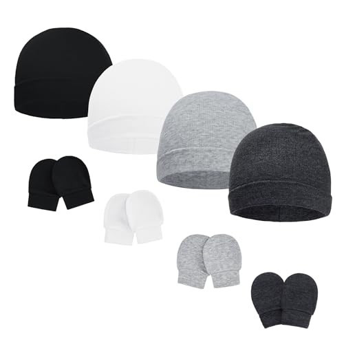 American Trends Baby Beanies for Boys Girls Newborn Infant Hat with Mittens Cute Cotton Hospital Hats for 0-6 Months 4 Pack Black & White & Gray & Dark Gray | Amazon (US)