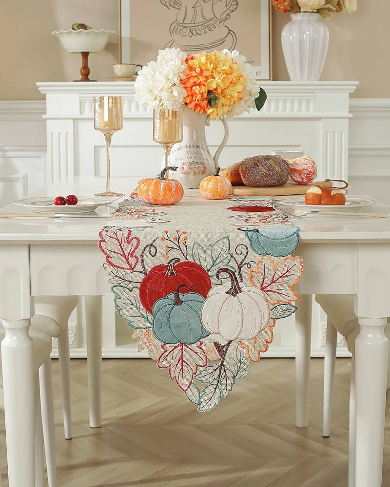 Fall Decorations for Home Fall Table Runner with Embroidered Velvet Pumpkins Maple Leaf. Thanksgi... | Amazon (US)