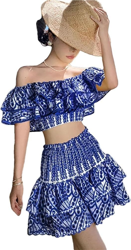 Women's Floral Casual Summer Dress Embroidery Two Piece Set Short Sleeve Top High Waist Skirt Mat... | Amazon (US)