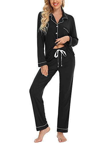 Anjue Two Piece Pajamas Comfy Sleepwear Women's Long Sleeve Pjs Top & Bottom Loungewear Set Black Sleepwear(Black,S) | Amazon (US)