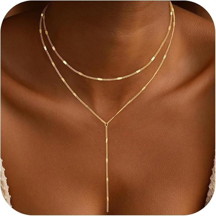 Lariat Gold Necklace for Women, Dainty Long Necklace 14k Gold Plated Y-Shaped Necklace Trendy Lay... | Amazon (US)